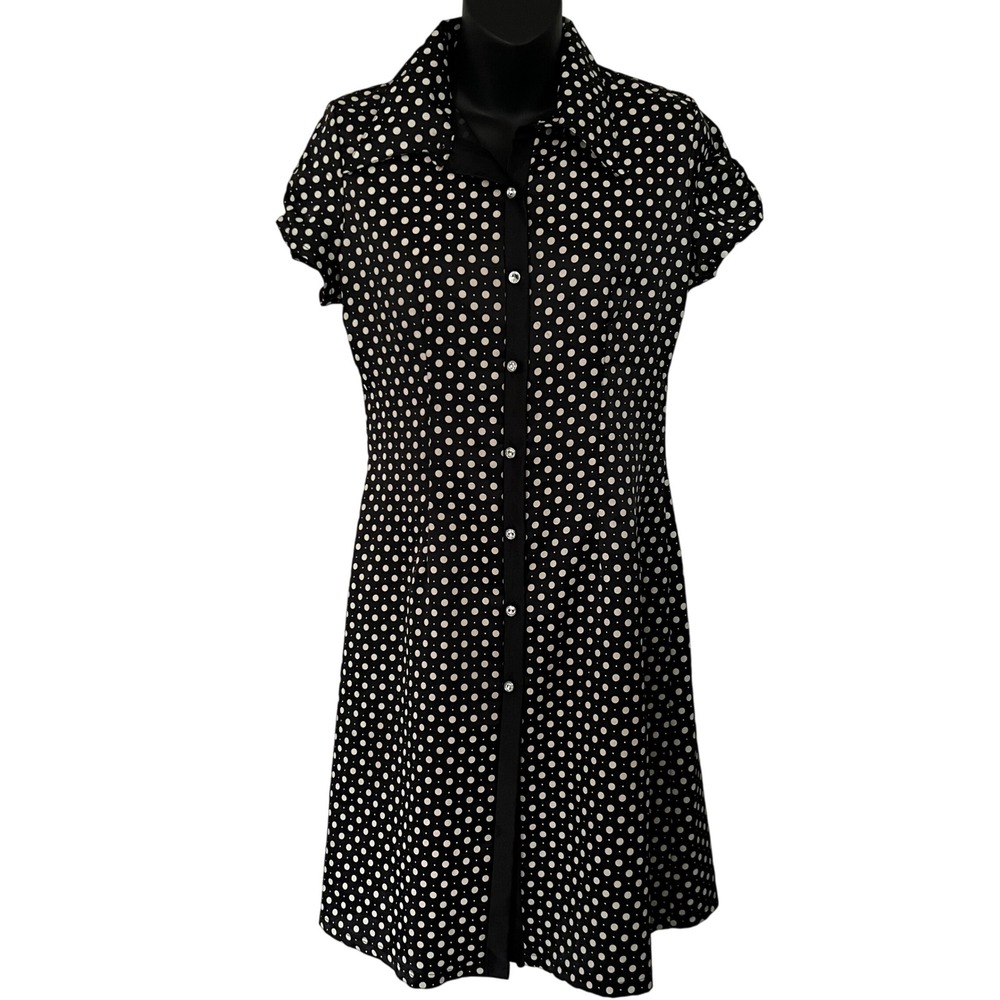 Polka Dot Shirt Dress‎ Womens Black & White Career Casual Work Office